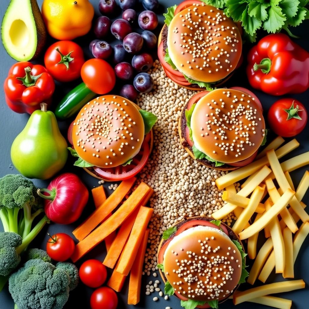 Clean Eating vs Fast Food - Gesunde Lebensmittel neben Fast Food auf einem Tisch.