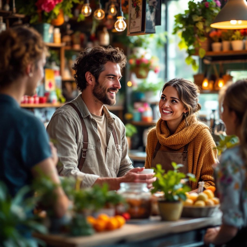 Marketingstrategien - Kleinunternehmer im Geschäft mit Kunden.