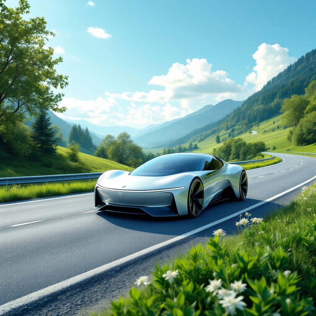 Zukunft Mobilität Elektromobilität - Futuristisches Elektroauto auf malerischer Straße.