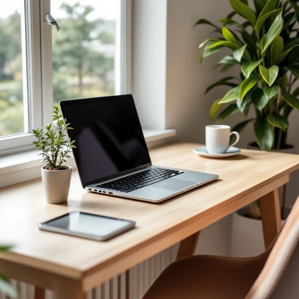 Produktiv im Homeoffice - Gemütliches Homeoffice mit Laptop und Pflanzen.