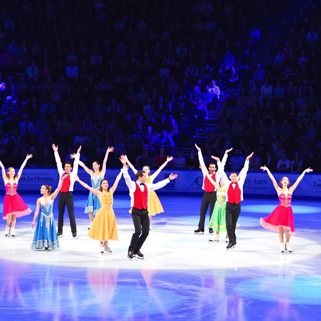 Holiday on Ice - Eiskunstläufer in bunten Kostümen auf der Bühne.