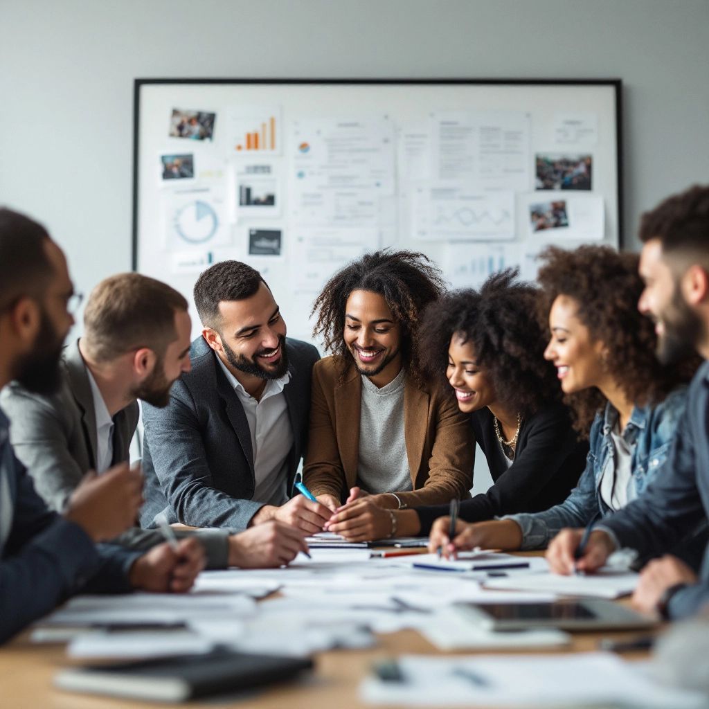 Business-Strategien - Gruppe von Menschen, die an einem Tisch Ideen brainstormen.